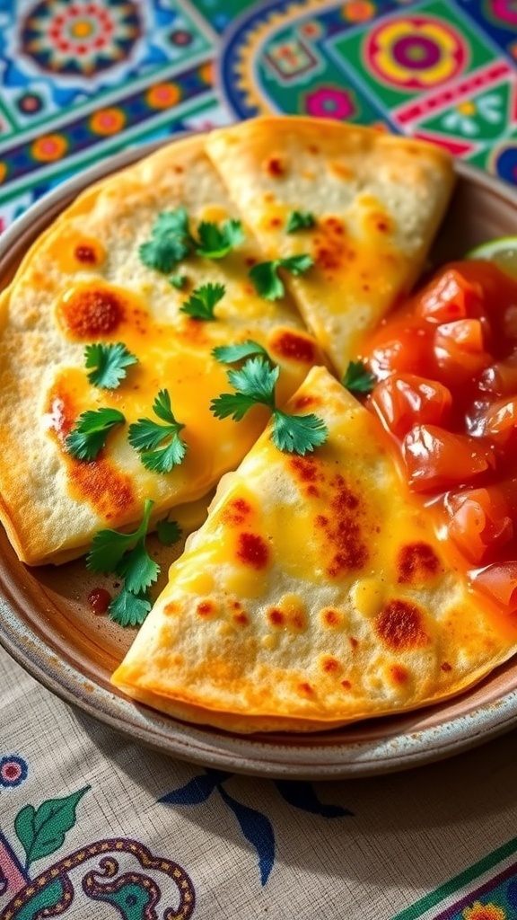 Ecuadorian quesadilla filled with cheese, garnished with cilantro, served with salsa and lime on a rustic plate.